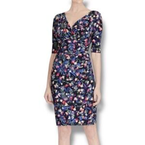 Lauren Ralph Lauren Dress 16 Navy Blue Floral Rushed Midi Faux Wrap 3/4 Sleeve